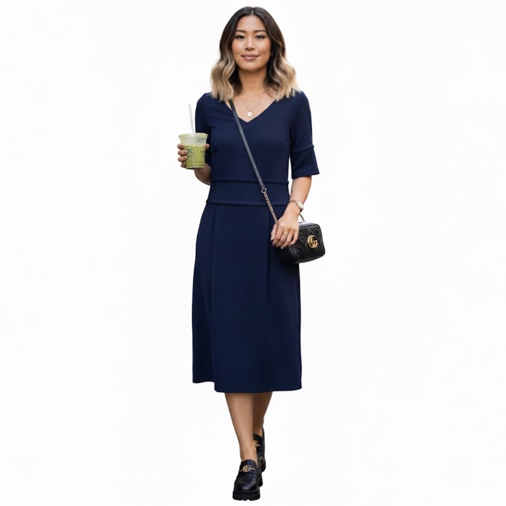 Pink Tartan V Neck Fit Flare Sheath Dress Pockets Stretch Preppy Minimal Navy S